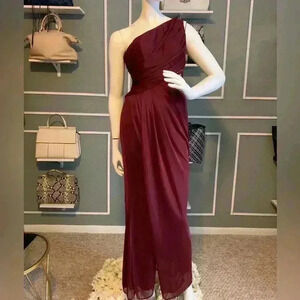 David's Bridal - One-Shoulder, Long Ruched Formal Dress - Wine - Size 6